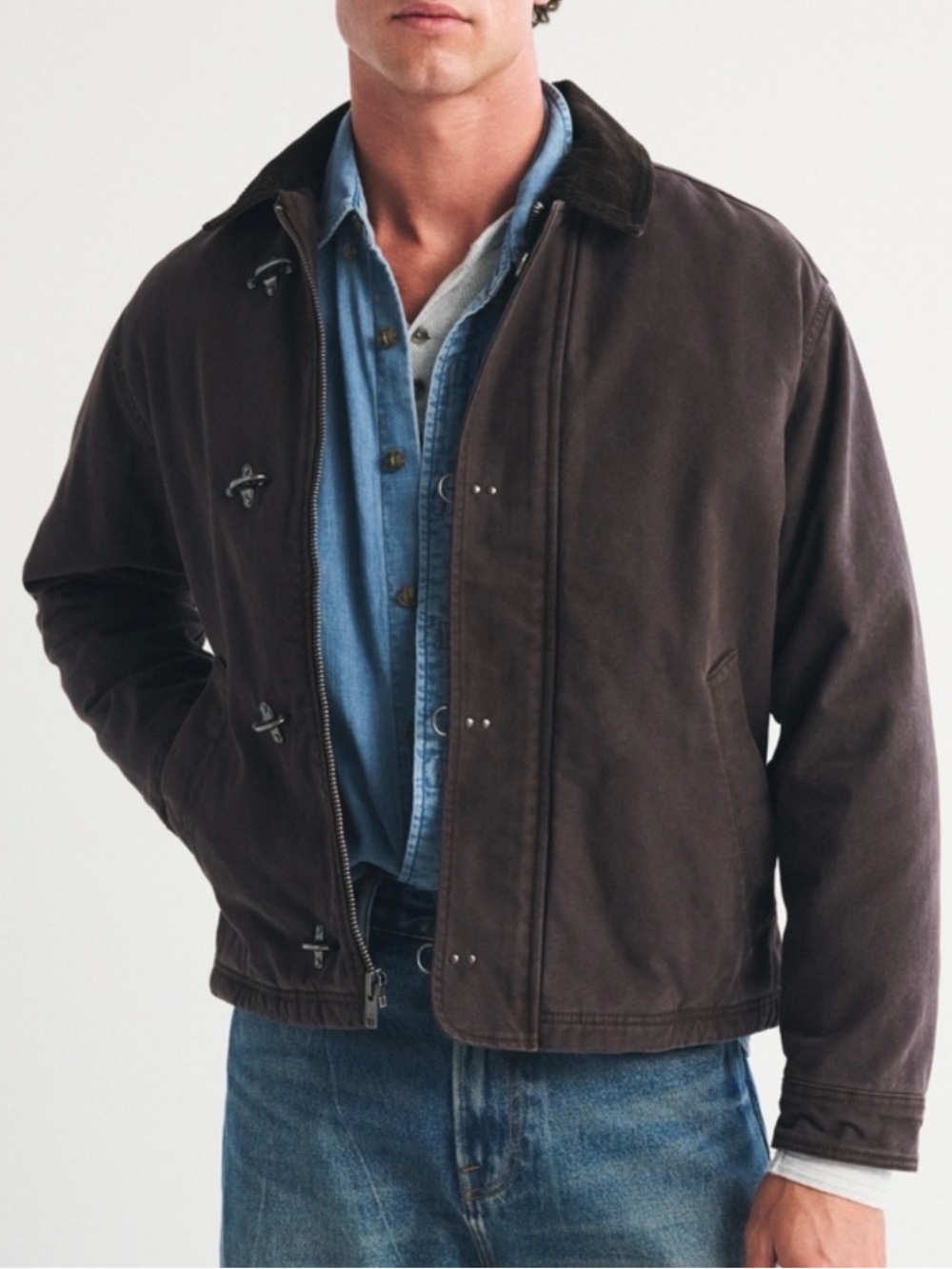 Abercrombie Men’s Charcoal Canvas Jacket Fireman Clasps Chore Coat Sz Large